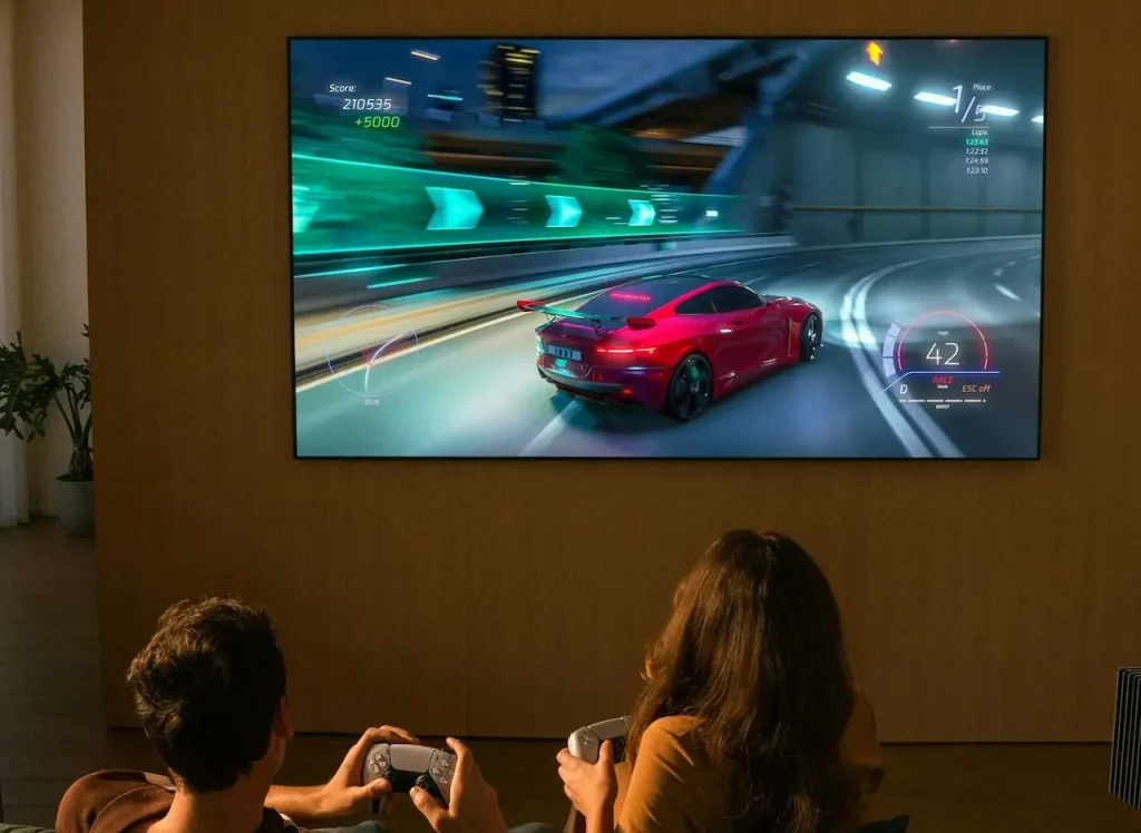 A Couple Playing a Video Game Together on a Widescreen 