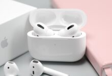 Wireless earbuds shown in close up
