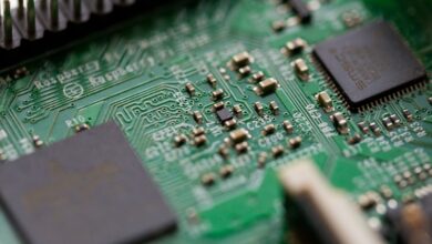 Tilt-shift view of a green computer motherboard