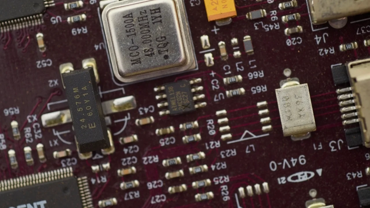 Close-up macro shot of a populated circuit board with soldered components