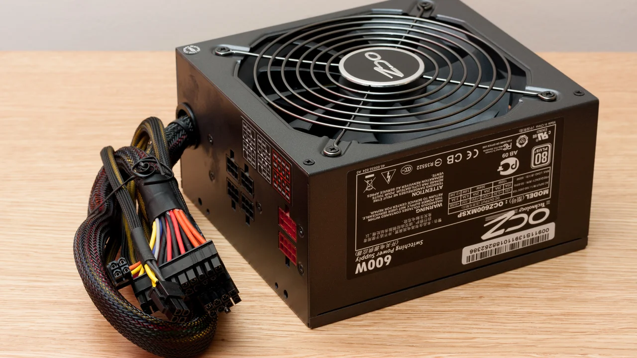 A black 600W ATX power supply unit with braided cables on a wooden desk