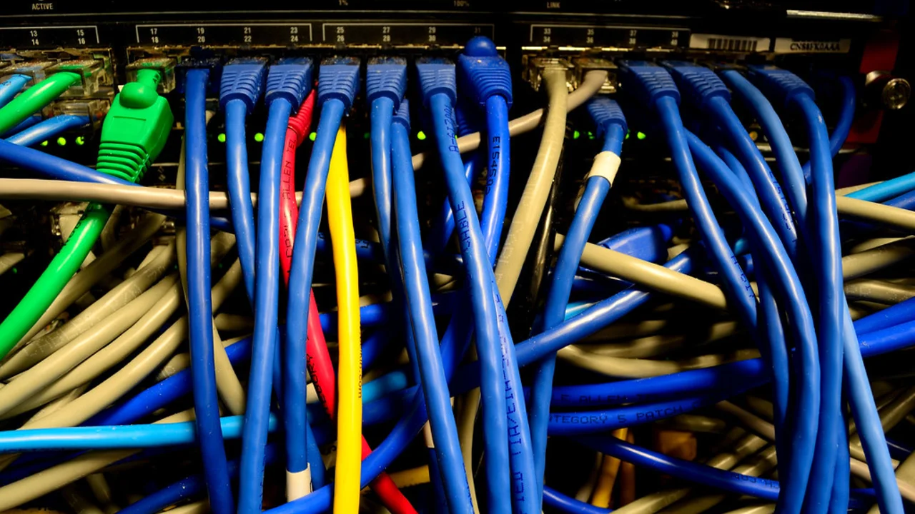 Colourful ethernet cables plugged into the ports of a network switch