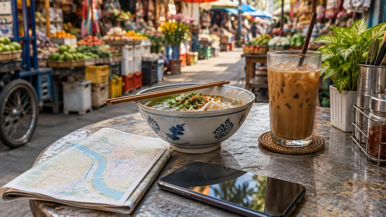 Smartphone on a market café table beside a paper map, noodles and iced coffee