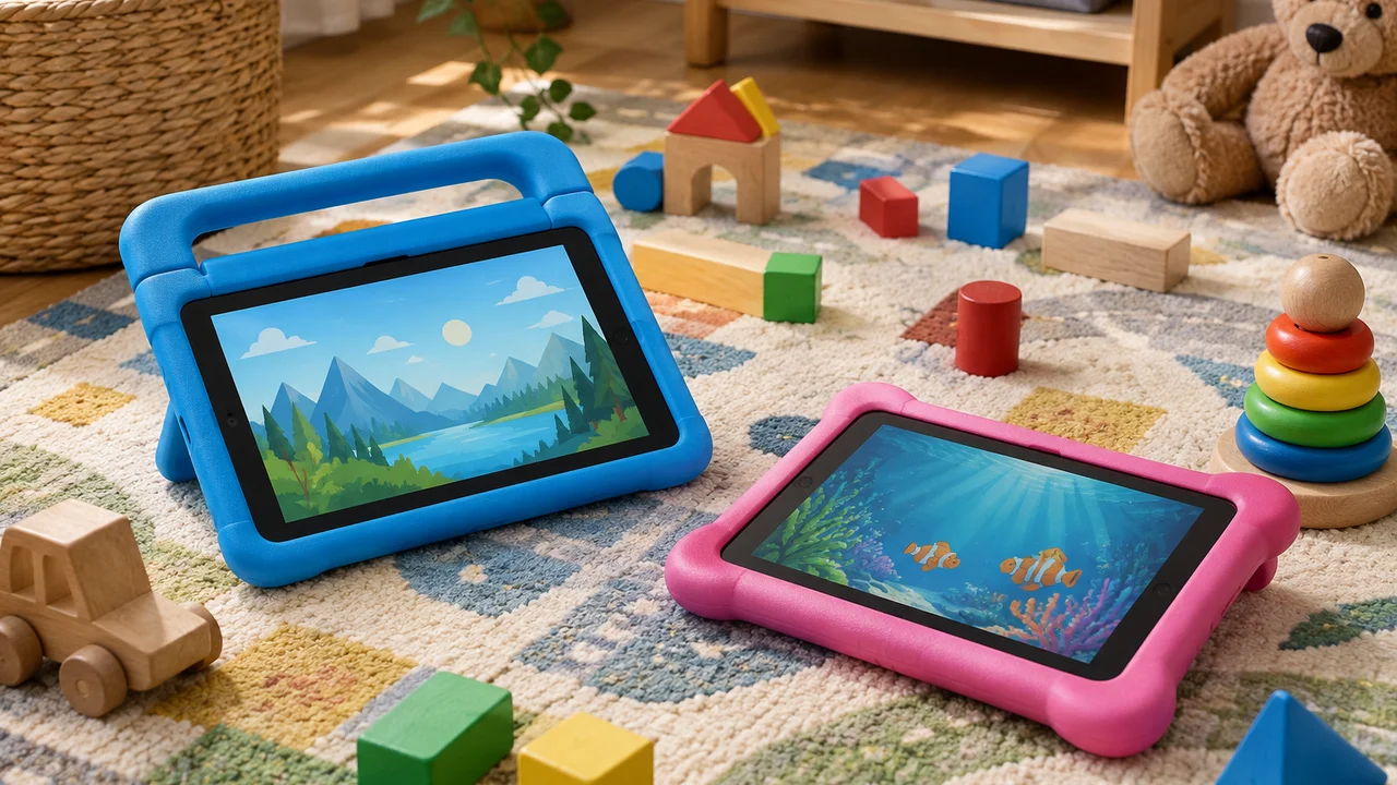 Two tablets in rugged kids' cases on a play rug with toys
