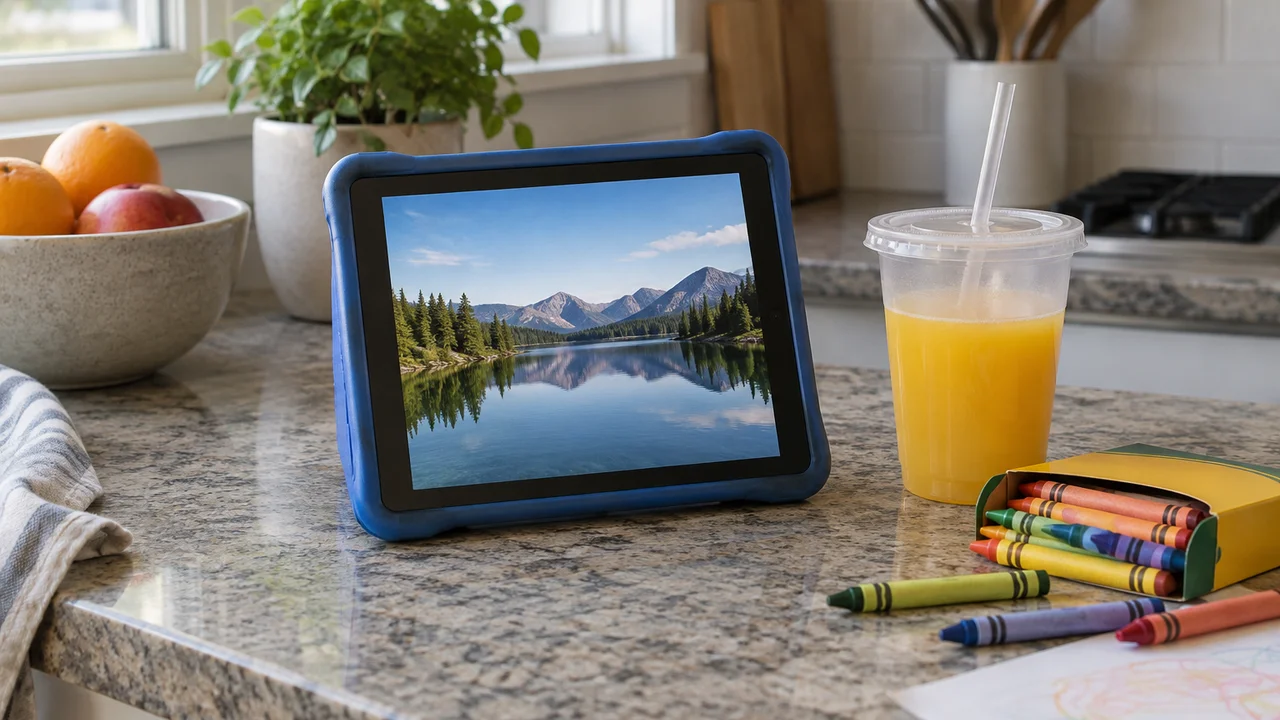 Tablet in a protective case on a kitchen bench next to a juice cup