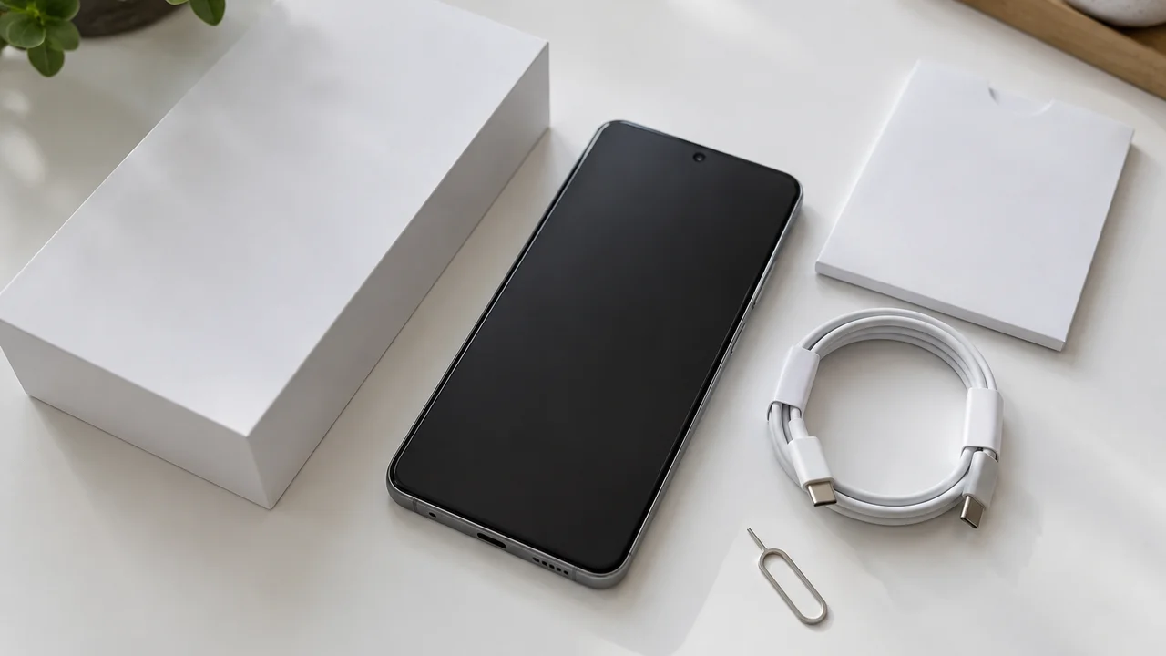 Newly unboxed smartphone with its box, SIM tool and charging cable