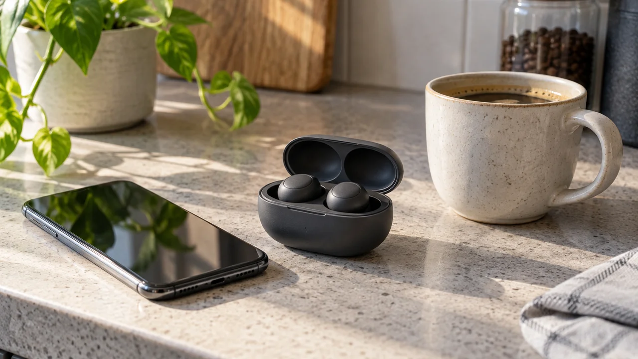 Wireless earbuds in an open case beside a phone and coffee on a kitchen bench