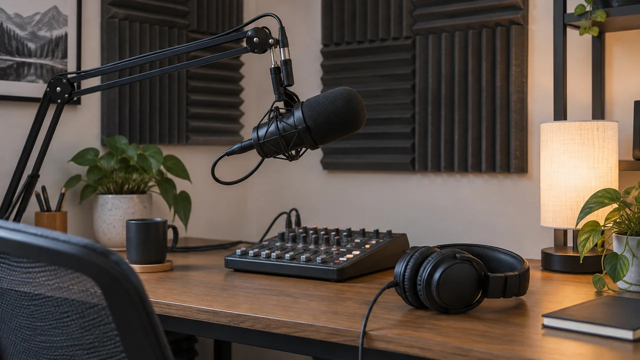 Home podcast studio with a microphone, acoustic foam and a small mixer