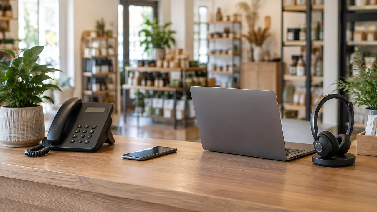 Small business counter with a desk phone, smartphone, laptop and headset