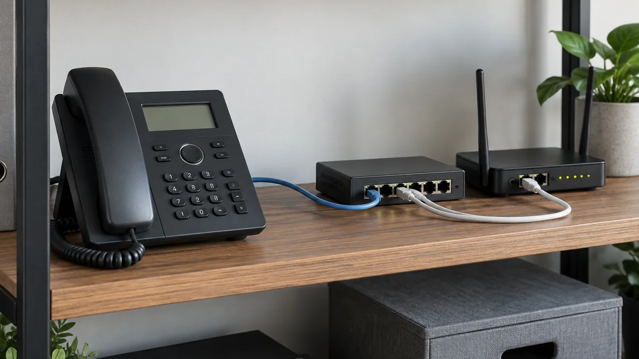 VoIP desk phone connected by ethernet cable to a router and switch