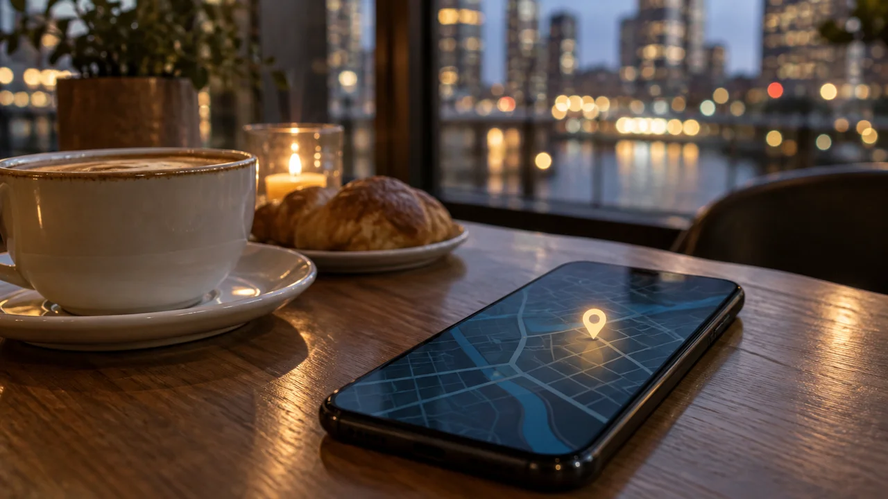 Smartphone showing a map with a location pin on a café table