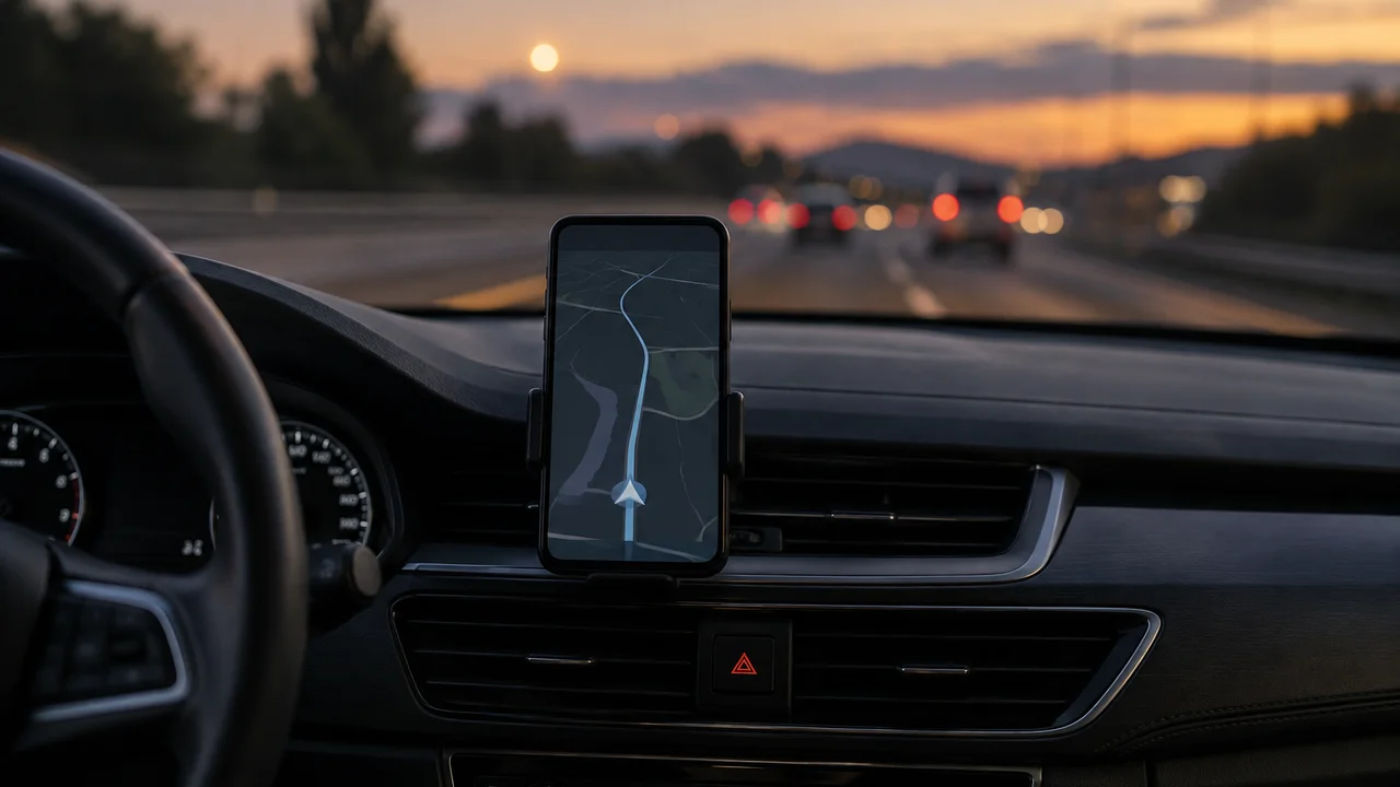Smartphone in a car dashboard mount showing a map at dusk