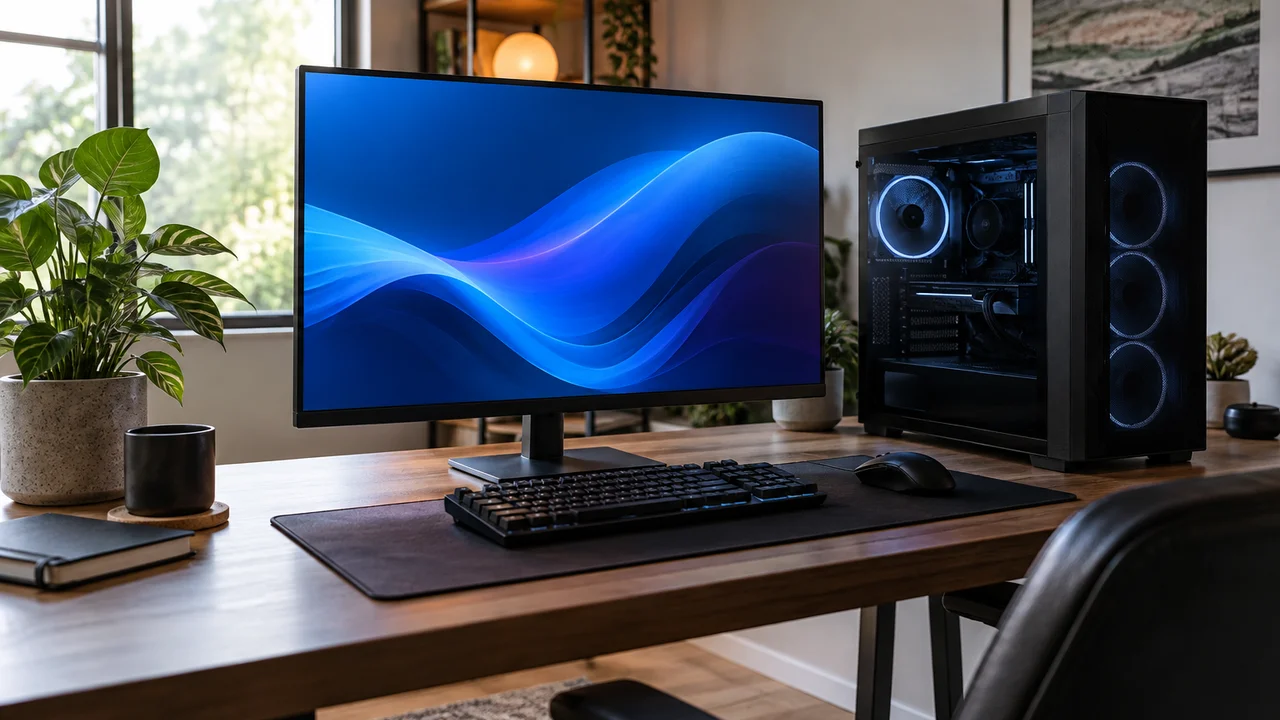 A gaming PC tower and monitor set up on a desk at home