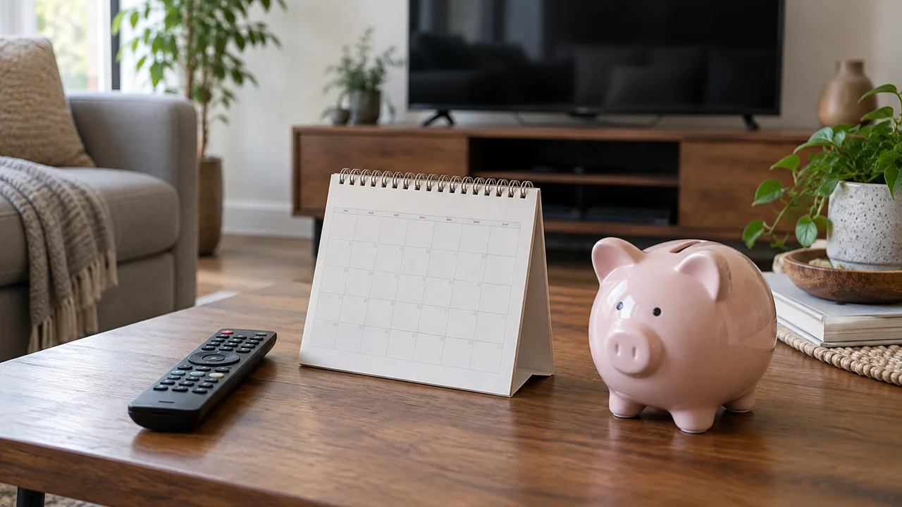 TV remote, calendar and piggy bank on a coffee table