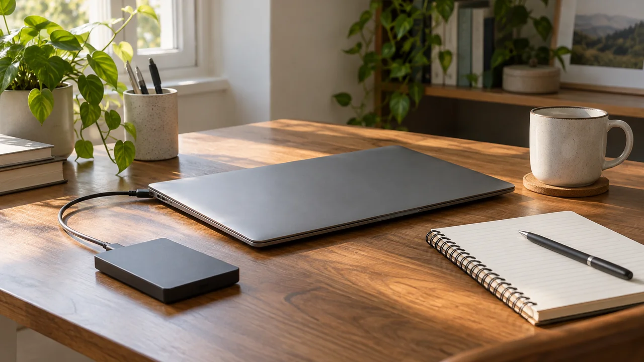 Home office desk with a laptop and an external backup drive