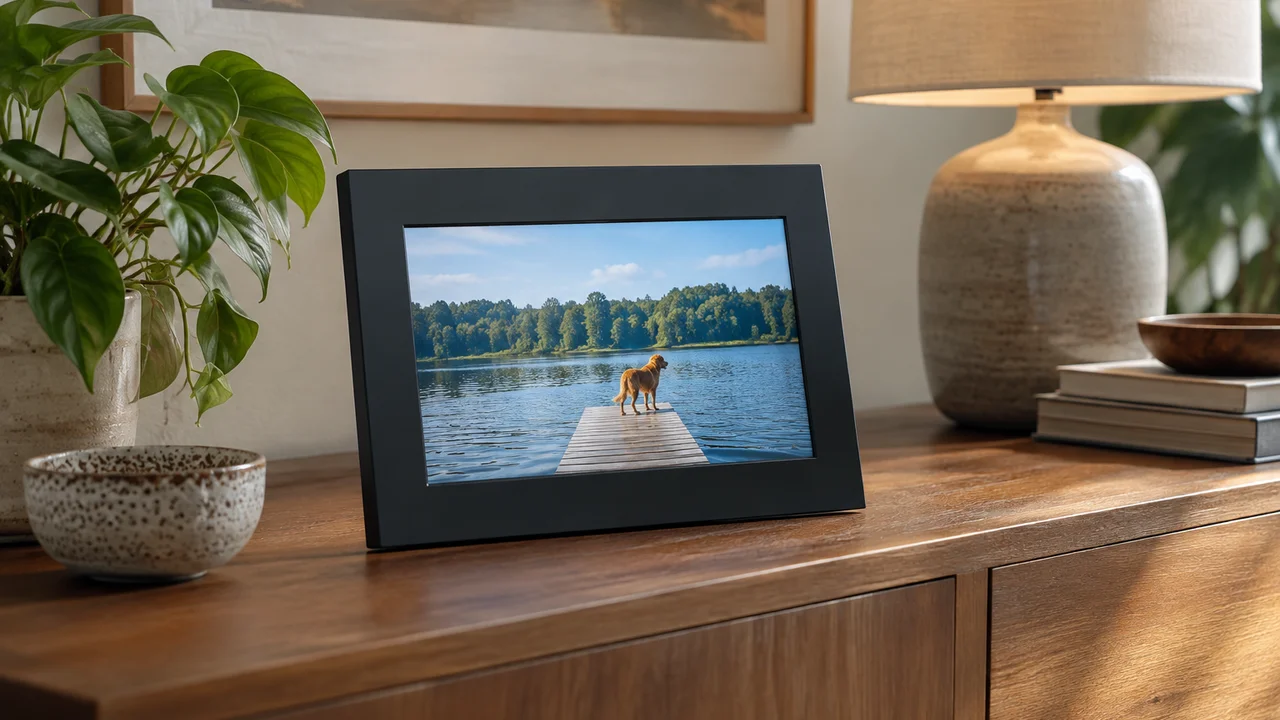 Digital photo frame on a wooden sideboard showing a dog on a lake dock, with a plant and lamp nearby