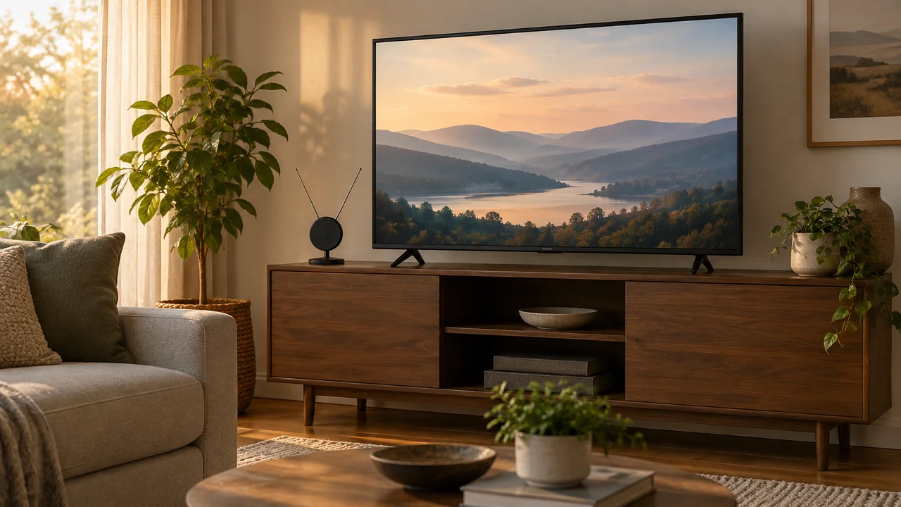 Living room television with an indoor antenna in late afternoon light