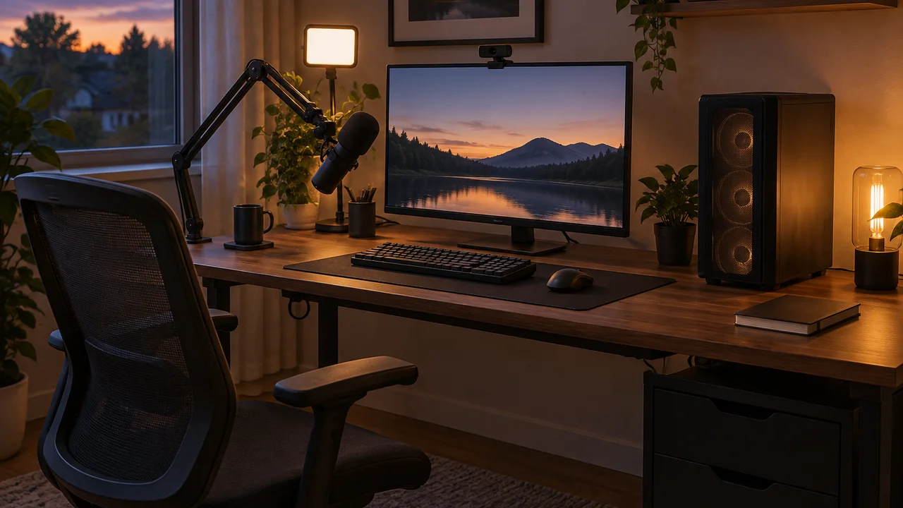 Budget home streaming desk with a USB microphone on a boom arm, webcam and small LED light