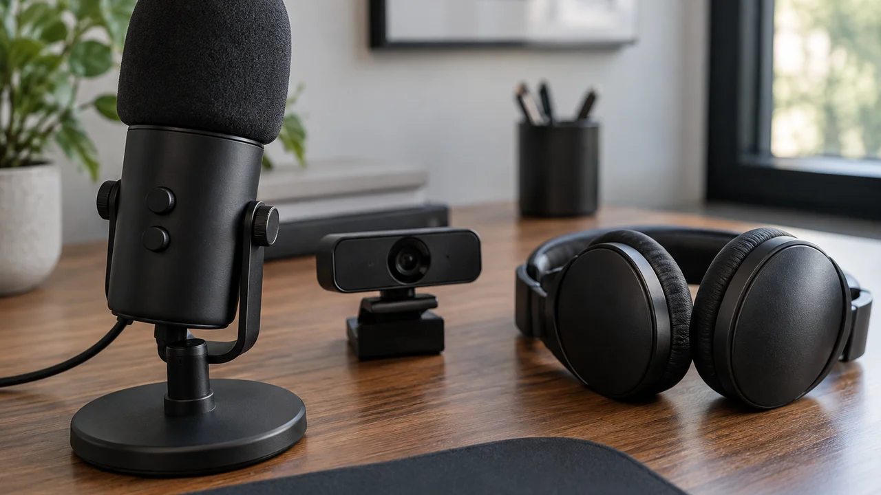 USB microphone with pop filter beside a webcam and headphones on a wooden desk