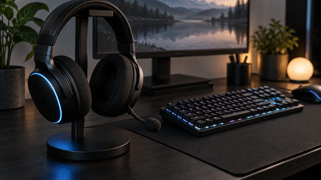 Gaming headset on a stand beside a mechanical keyboard