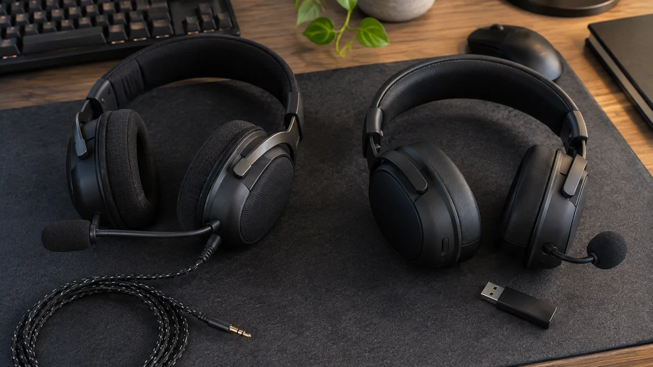 Wired and wireless gaming headsets side by side on a desk mat
