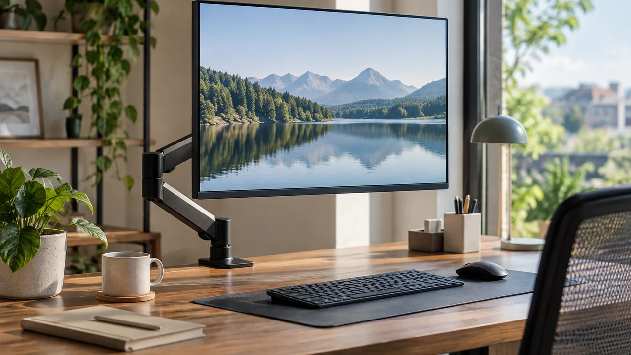 A 27-inch monitor on an adjustable arm at a tidy home office desk