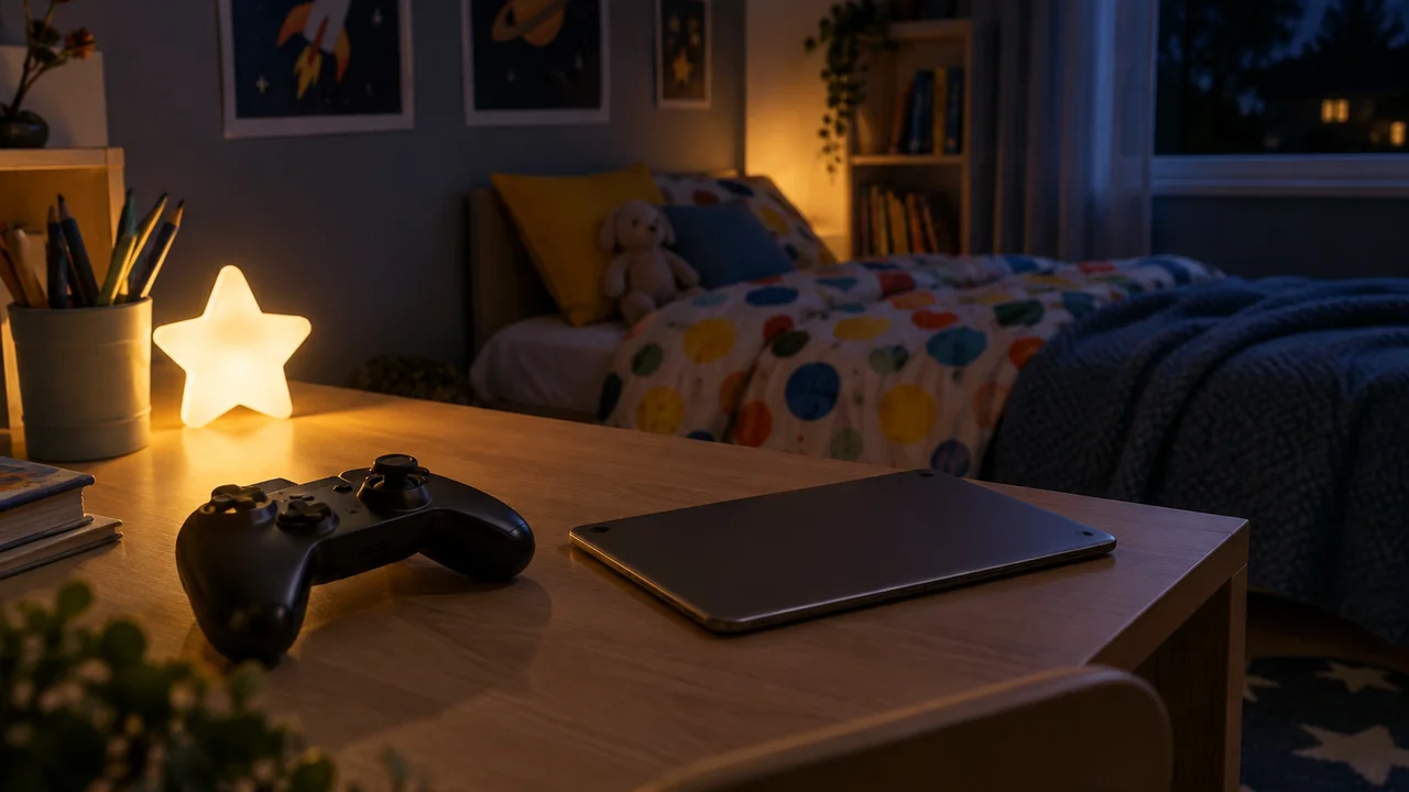Game controller and tablet on a child's bedroom desk beside a night light