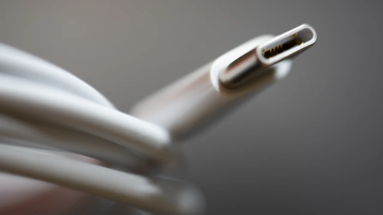 Close-up of a white USB-C charging cable with metal connector tip against a gray background
