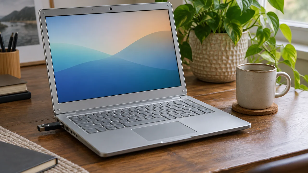 Older laptop with a USB flash drive plugged in, ready to try a Linux live USB