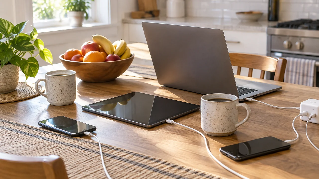 Laptop, tablet and phones on a family kitchen table