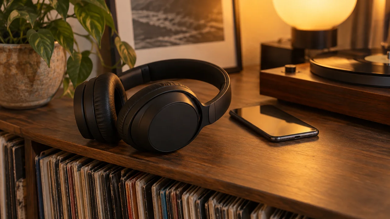Wireless headphones on a shelf of vinyl records beside a phone