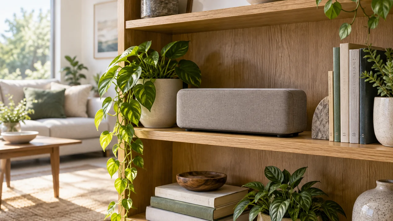 Wireless speaker on a bookshelf in a living room
