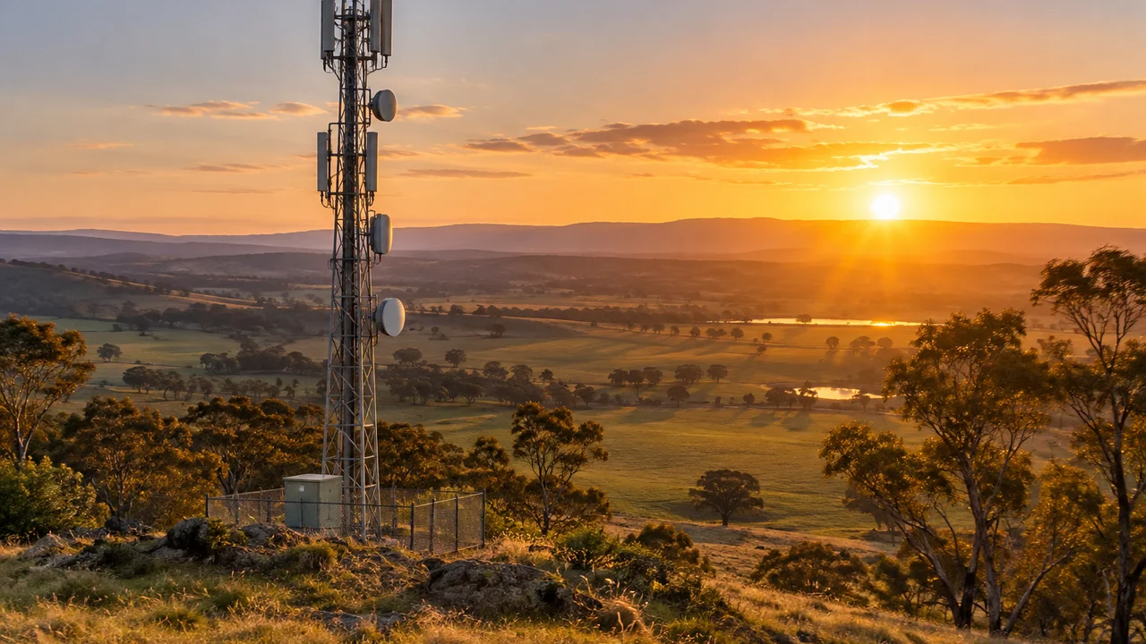 Mobile phone tower on a hill in rural Australia at sunset