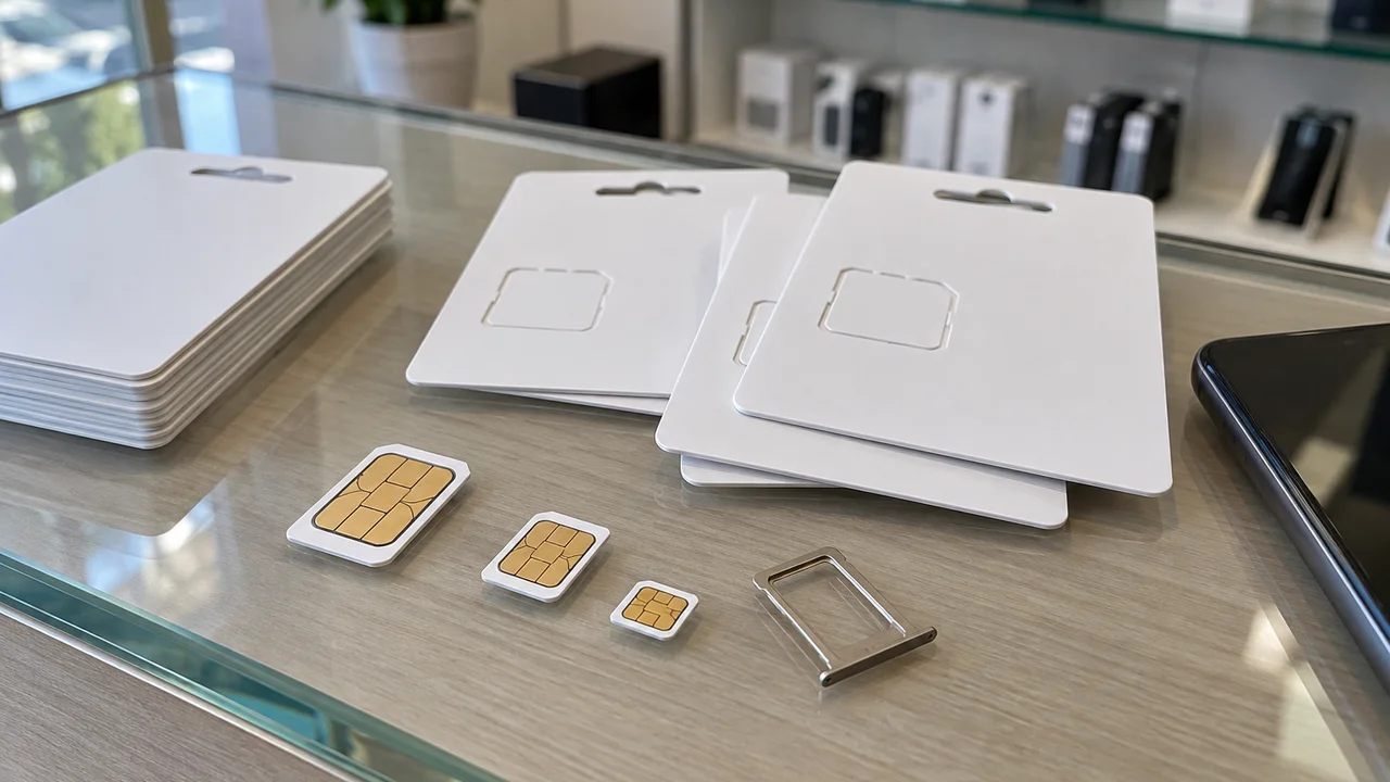 Unbranded SIM card packs and SIM cards on a counter