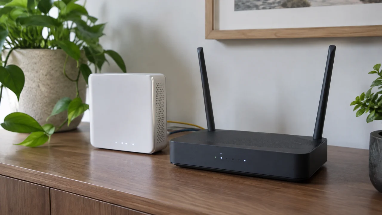 A white modem and a black dual-antenna router on a wooden sideboard with potted plants and a framed picture