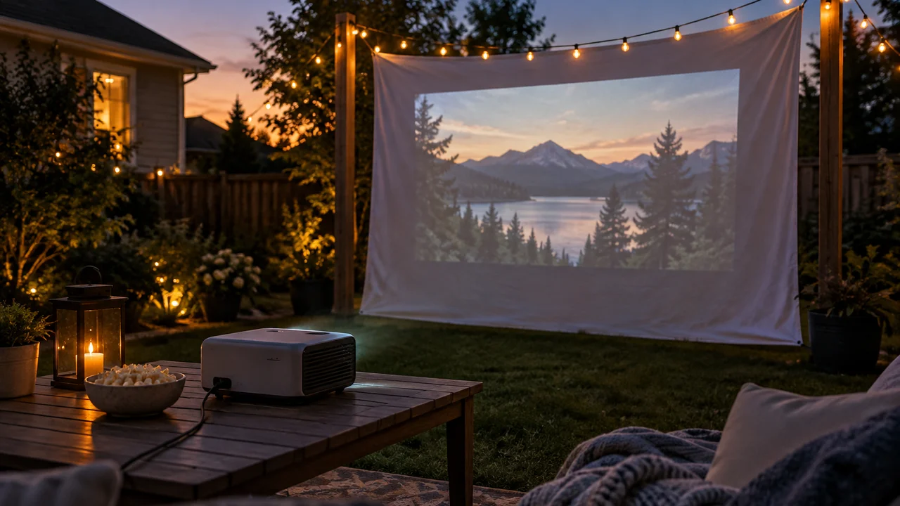 Portable projector in a backyard at dusk projecting onto a white sheet