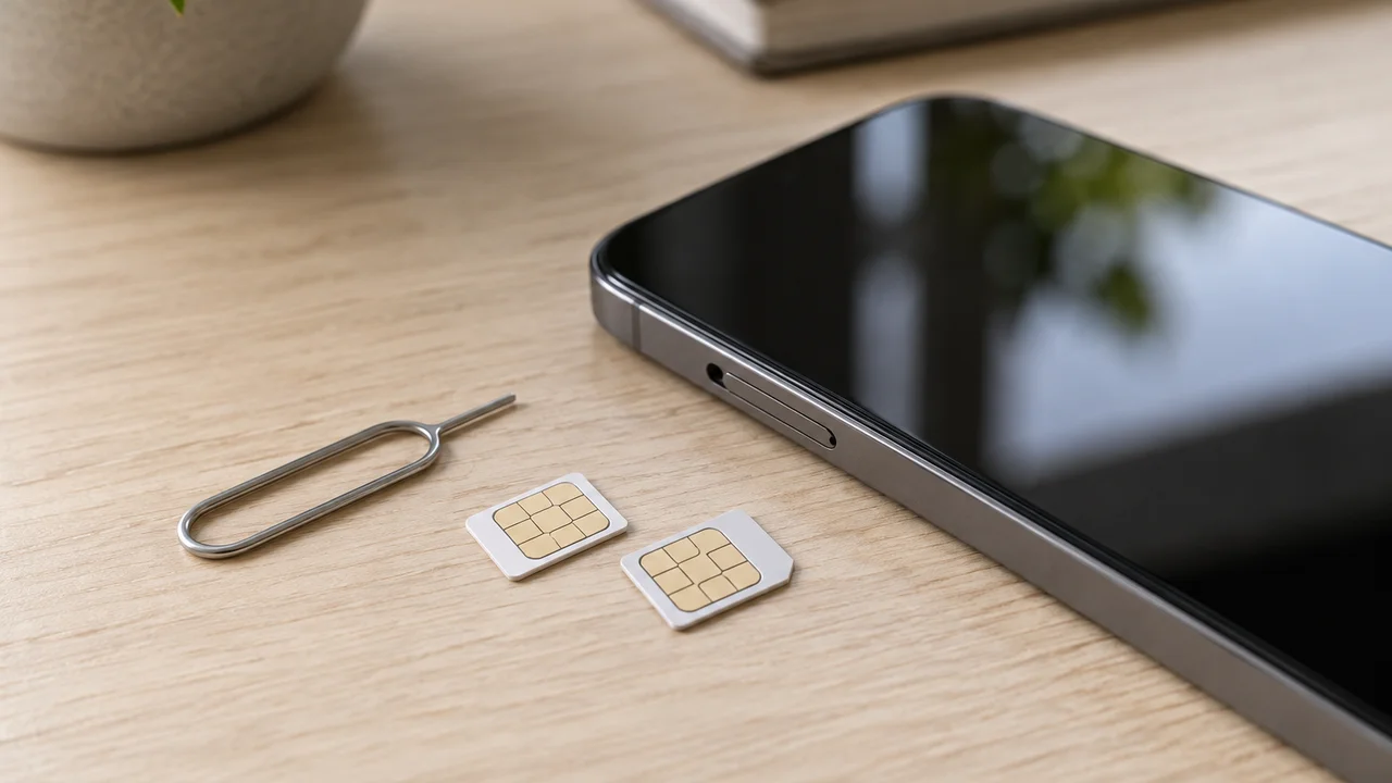 Two SIM cards and a SIM ejector tool next to a smartphone