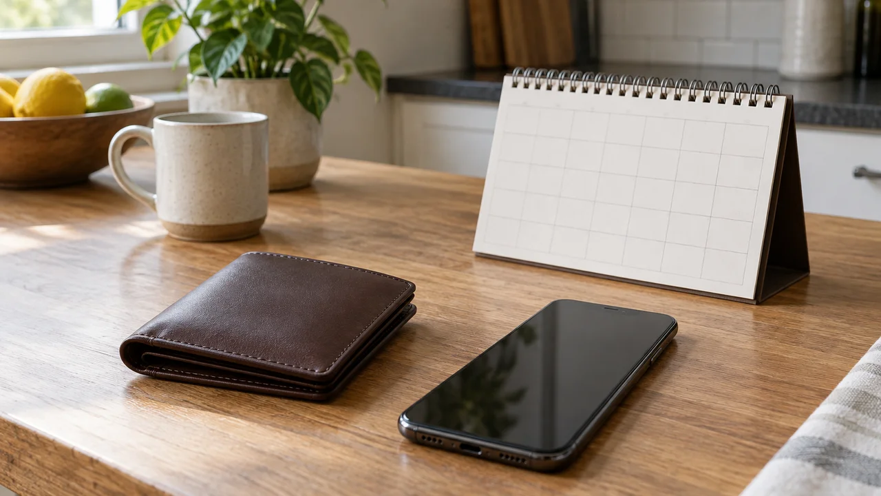 Wallet, smartphone and desk calendar on a kitchen table