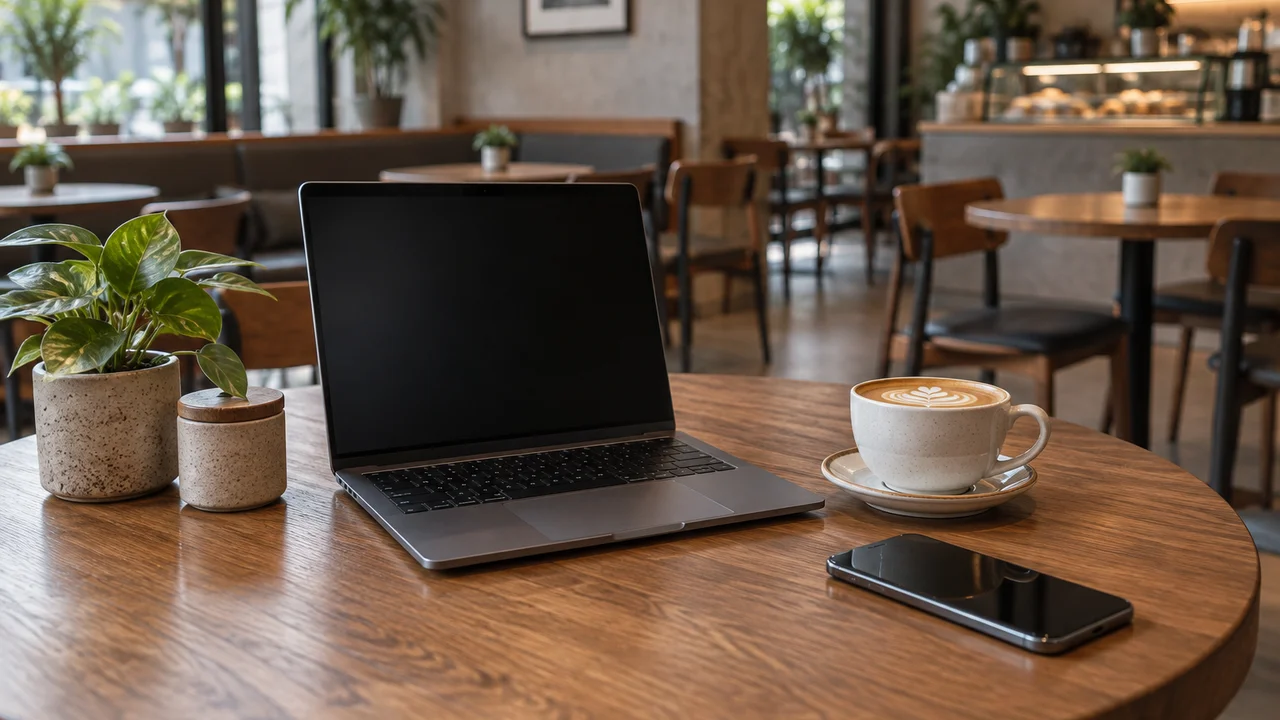 Laptop and phone on a café table beside a coffee