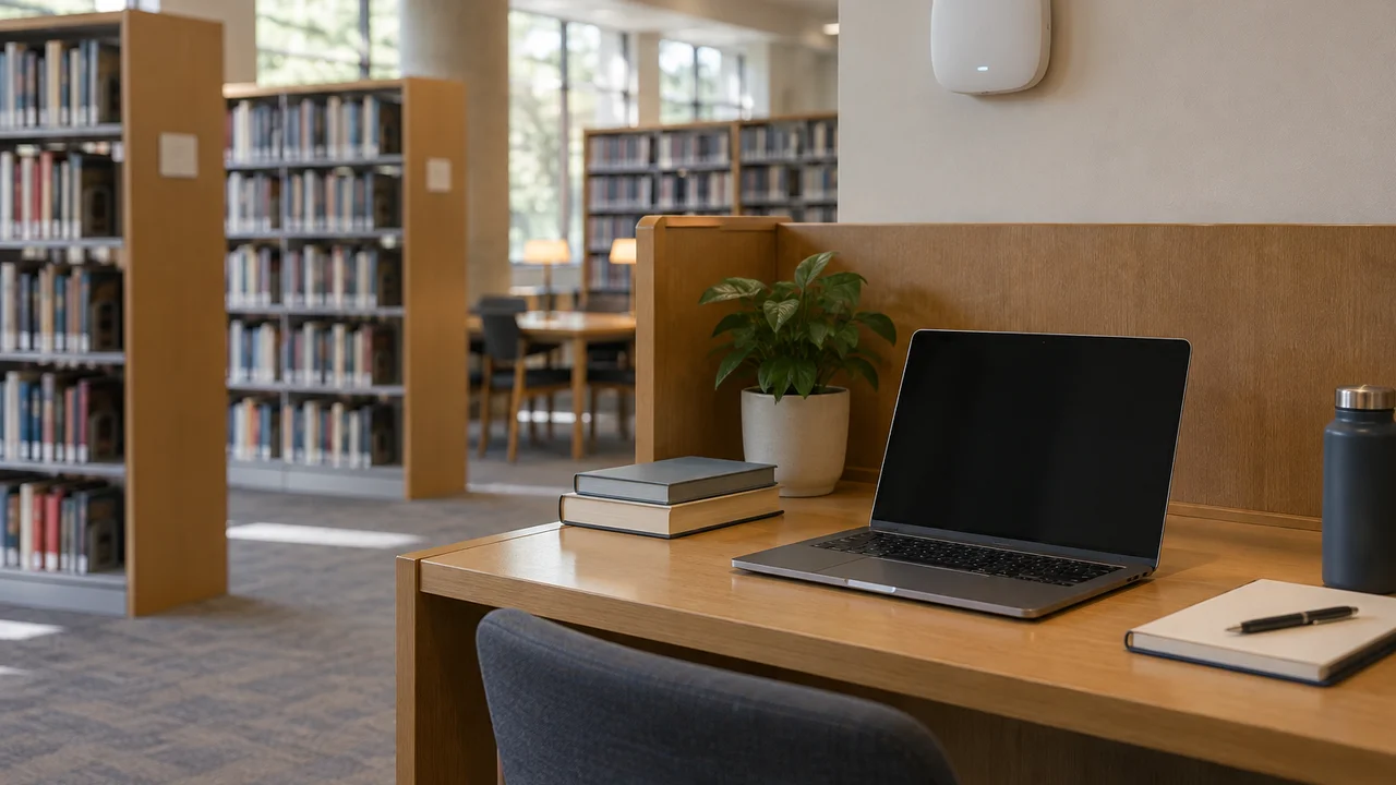 Laptop on a library study desk below a wireless access point