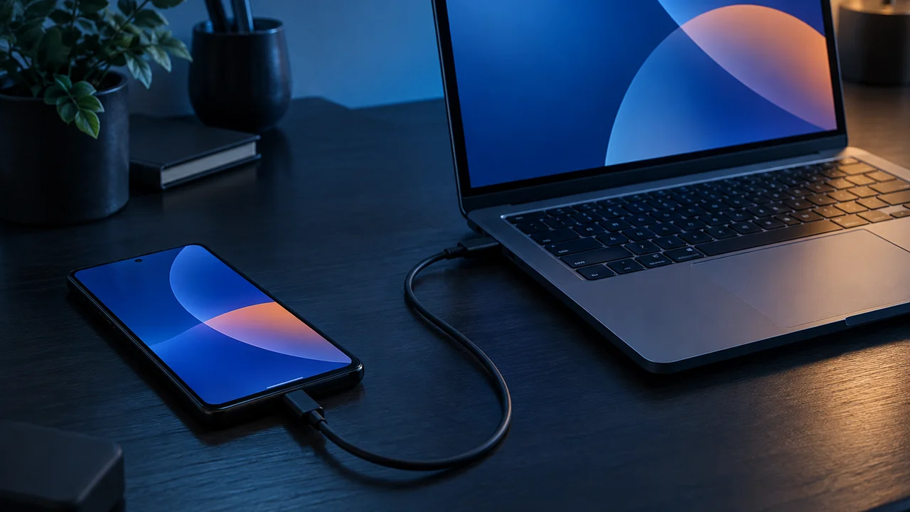 Smartphone connected by USB cable to a laptop on a dark desk