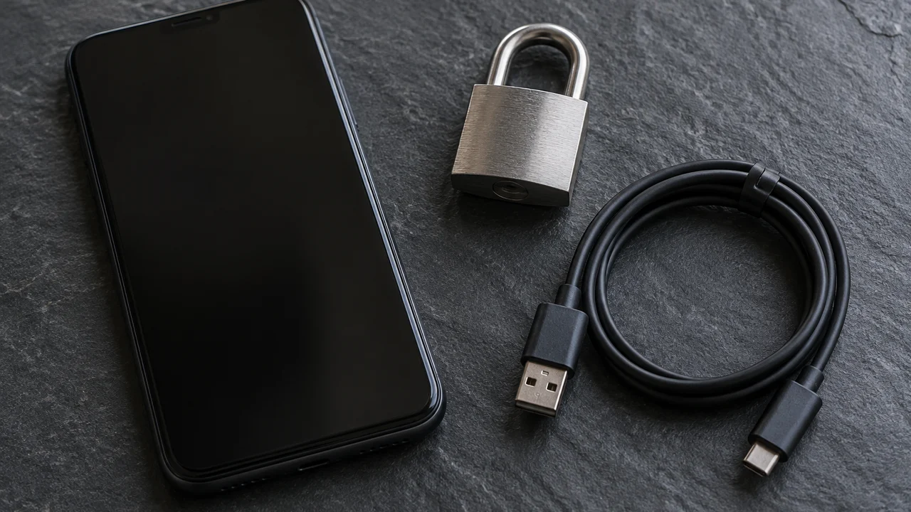 Smartphone next to a padlock and a USB cable on a slate surface