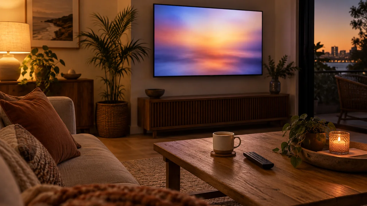 Living room television glowing in the evening with a remote control on the coffee table