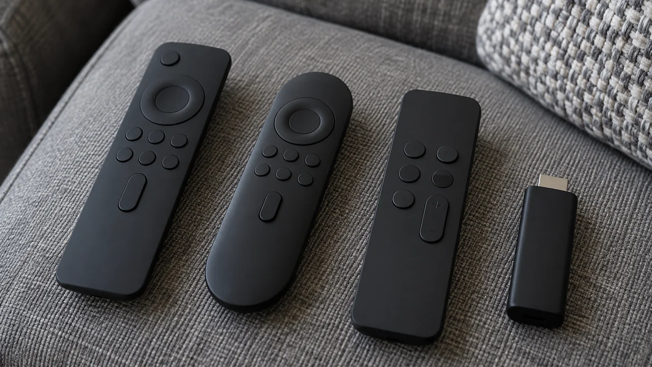 Several TV remote controls and a streaming stick on a couch cushion