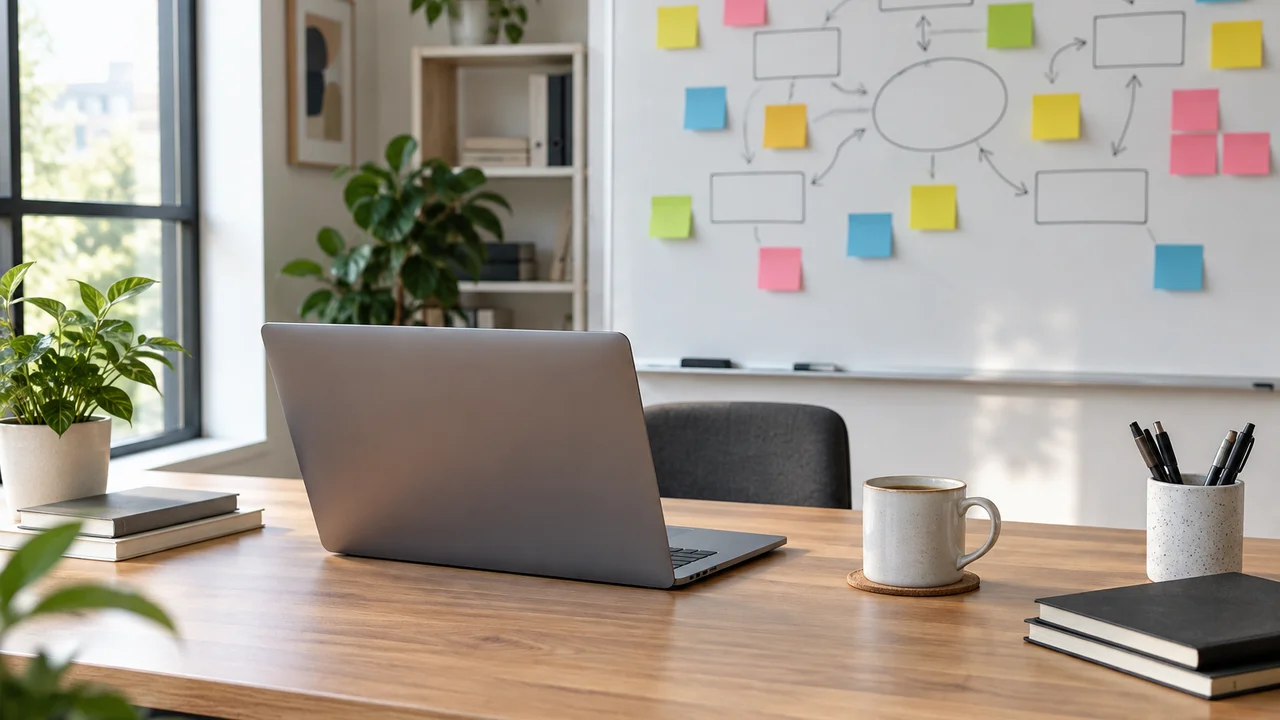 Office desk with a laptop in front of a whiteboard covered in sticky notes