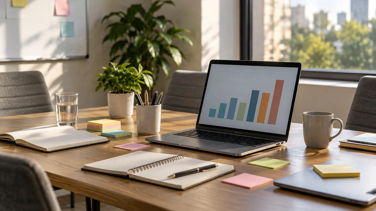 Meeting room table with notebooks, sticky notes and a laptop showing a chart