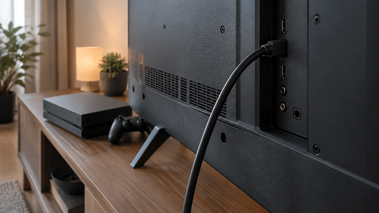 HDMI cable plugged into the back of a television above a games console