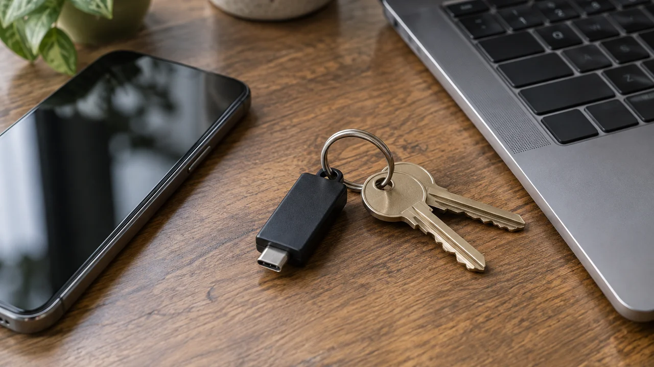 Hardware security key on a keyring beside a smartphone and laptop keyboard