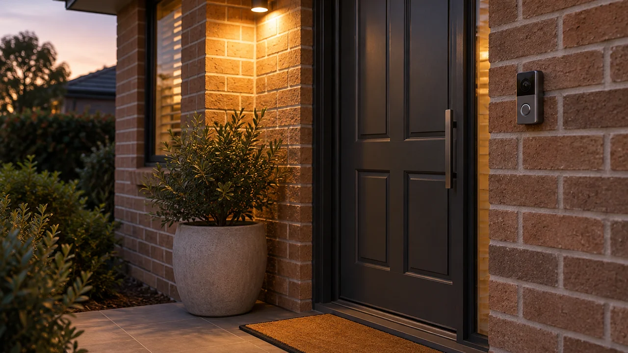 Video doorbell mounted beside the front door of a brick house at dusk