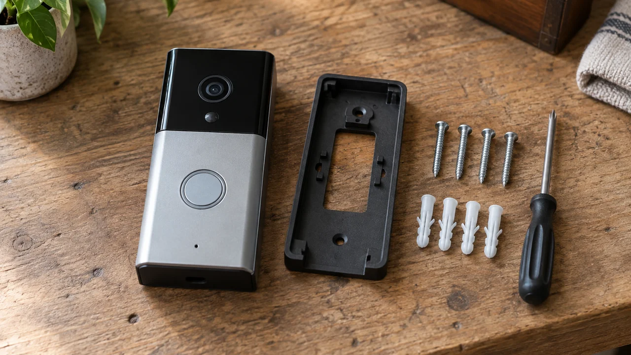 Video doorbell unit with mounting bracket, screws and a screwdriver on a workbench
